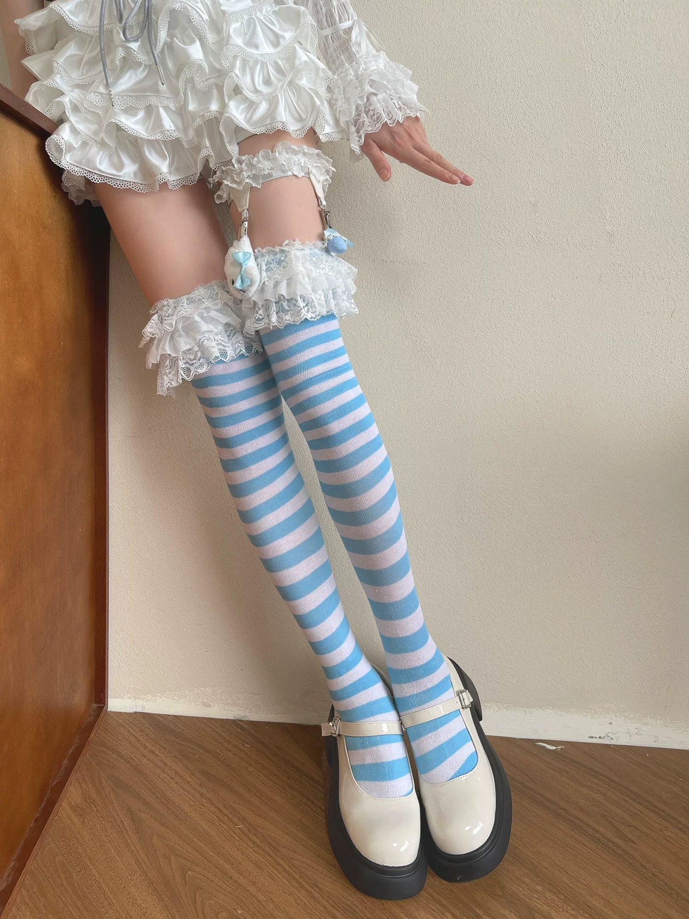 Sock Noble - Blue-White Stripe Lace - Blue-and-White Over-the-Knee Socks with Lace Edge