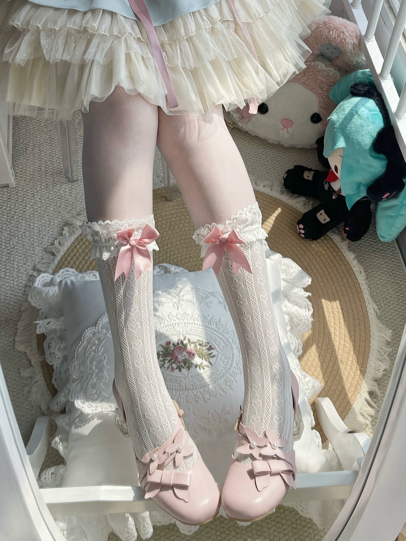 Milk white Lolita calf sock with pink satin bow and scalloped lace trim