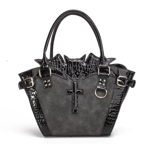 Gothic lolita bat cross tote bag with black patent croc-embossed trim and silver hardware, front view