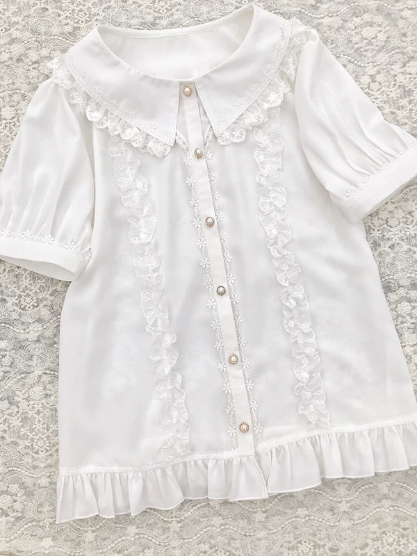 Yilia - Lace Placket - Peter Pan Collar Short Sleeve Blouse