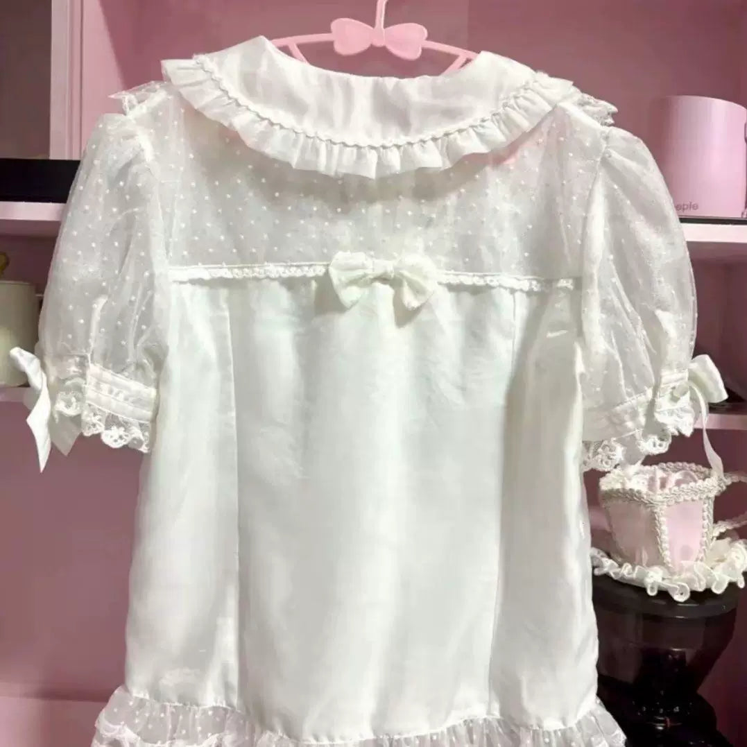 Sweetheart Dream Machine - Sweet Refresh - Sheer Polka-Dot Sleeve Blouse with Lace Trim