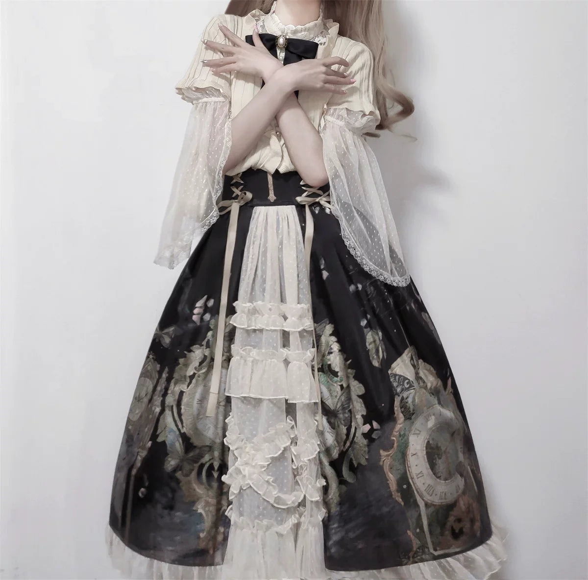 Your Princess - Clock Butterfly - Gothic Lolita Printed Blouse and Corset Skirt Set