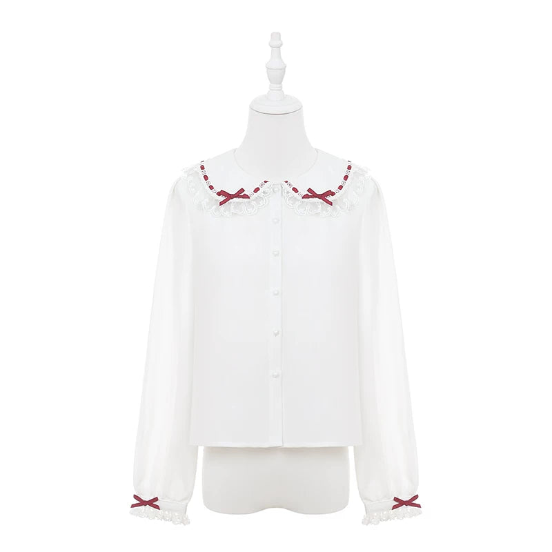Dear Dolls Christmas Velvet Tiered JSK & Cat Cape Options — C8772 White & Red Blouse
