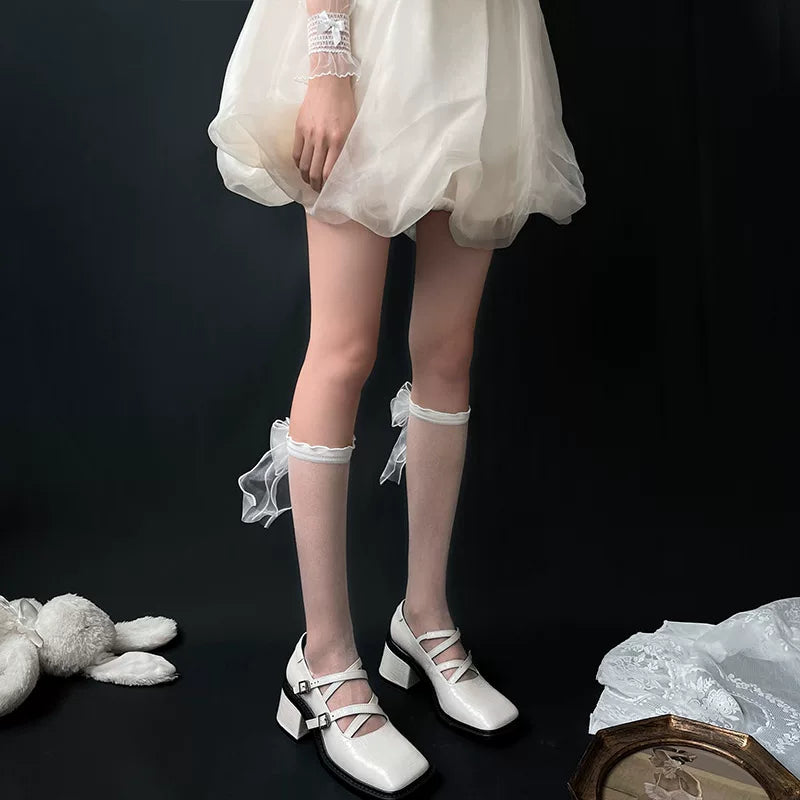 Sock Noble - Crystal Bow - Sheer Mid-Calf Slouch Socks with Bow Detail