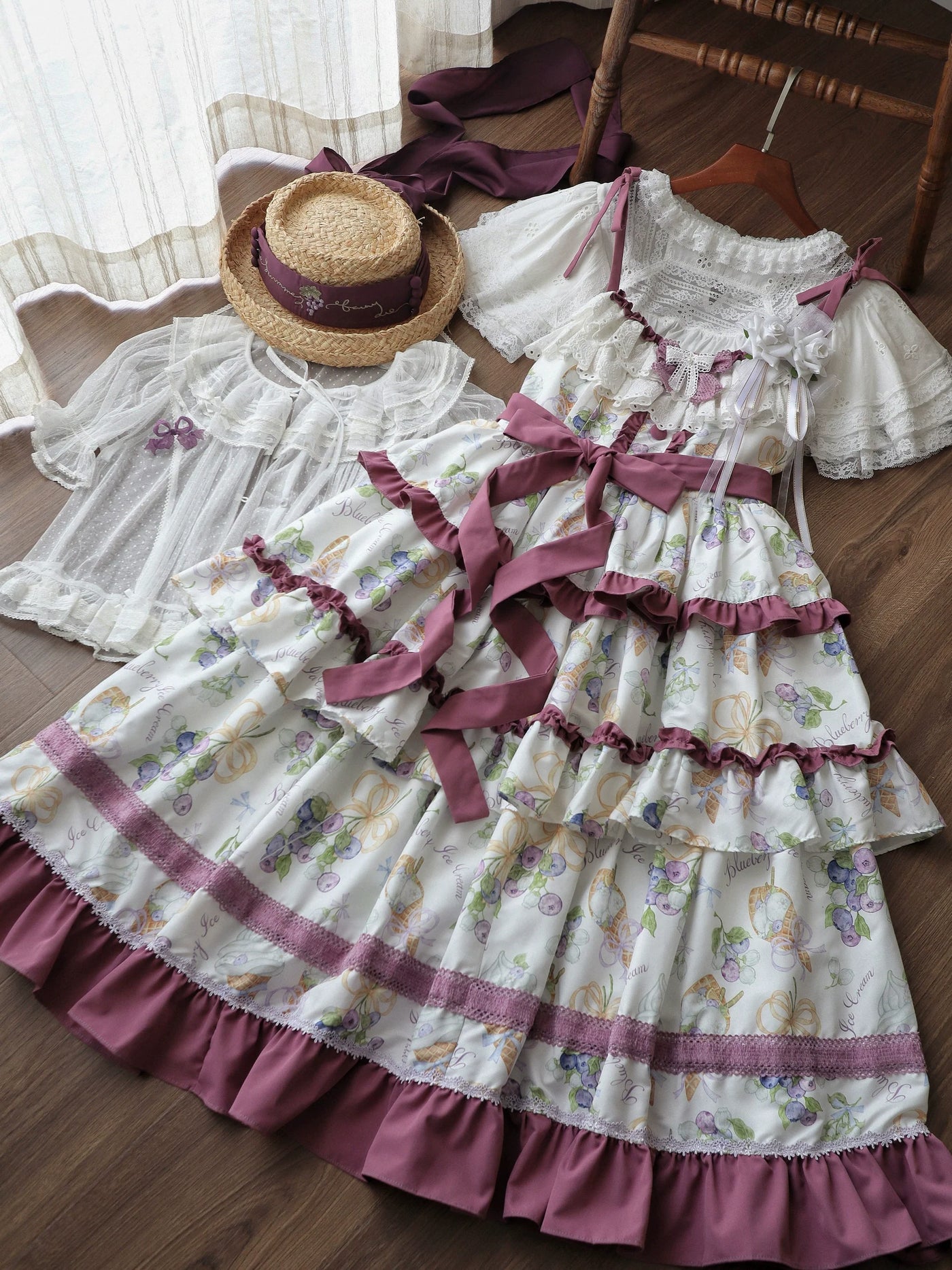 Qianmu - Blueberry Midsummer - Country Lolita Tiered JSK, Blueberry Print