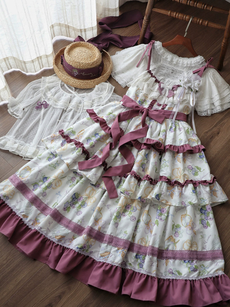 Qianmu - Blueberry Midsummer - Country Lolita Tiered JSK, Blueberry Print