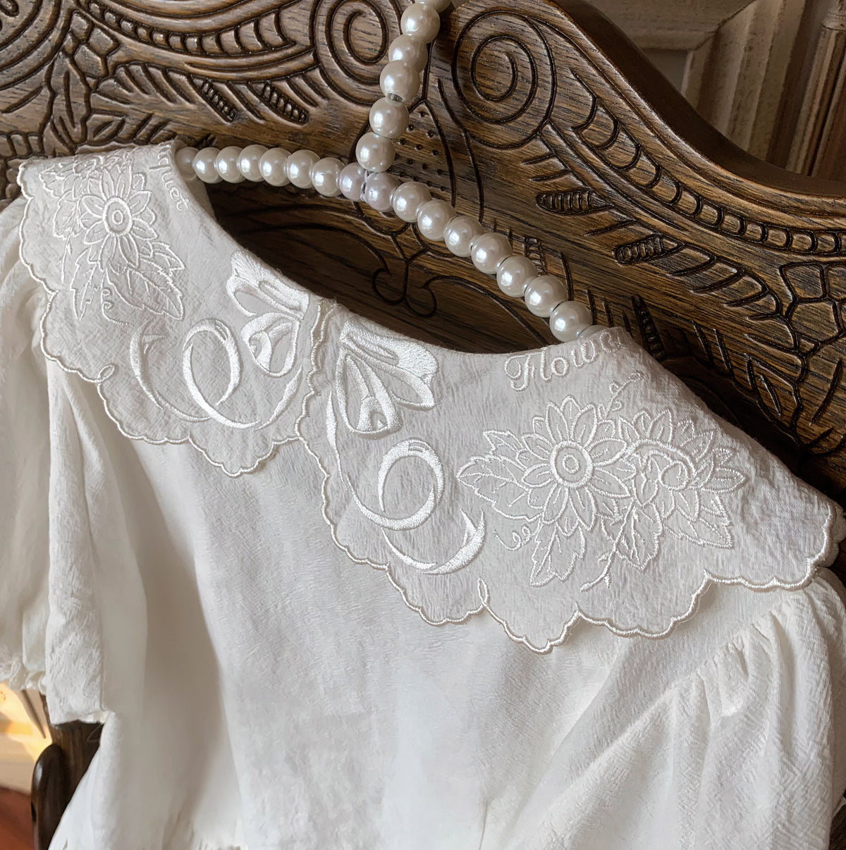 Flower Banquet - Bunny Embroidery - Kawaii Lolita cotton blouse with a doll-like collar - product detail 9