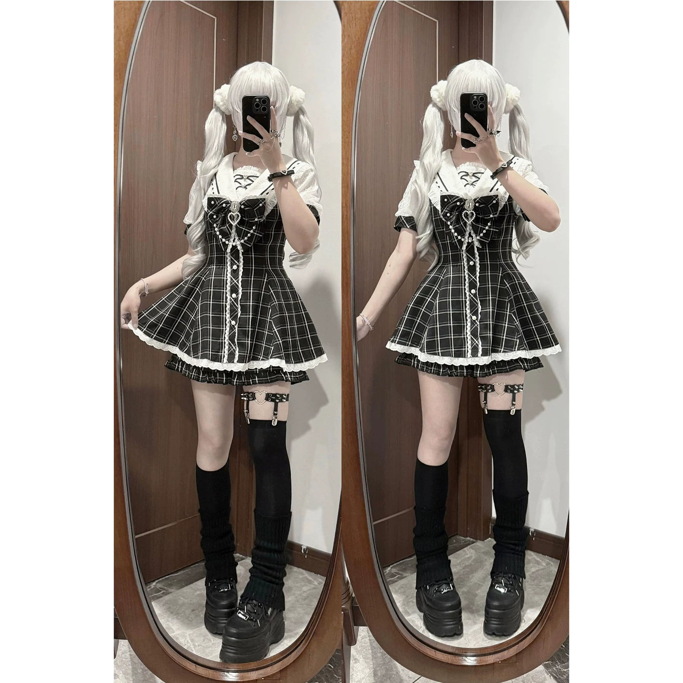 Back view of the checkered Lolita dress showing the waist bow detail