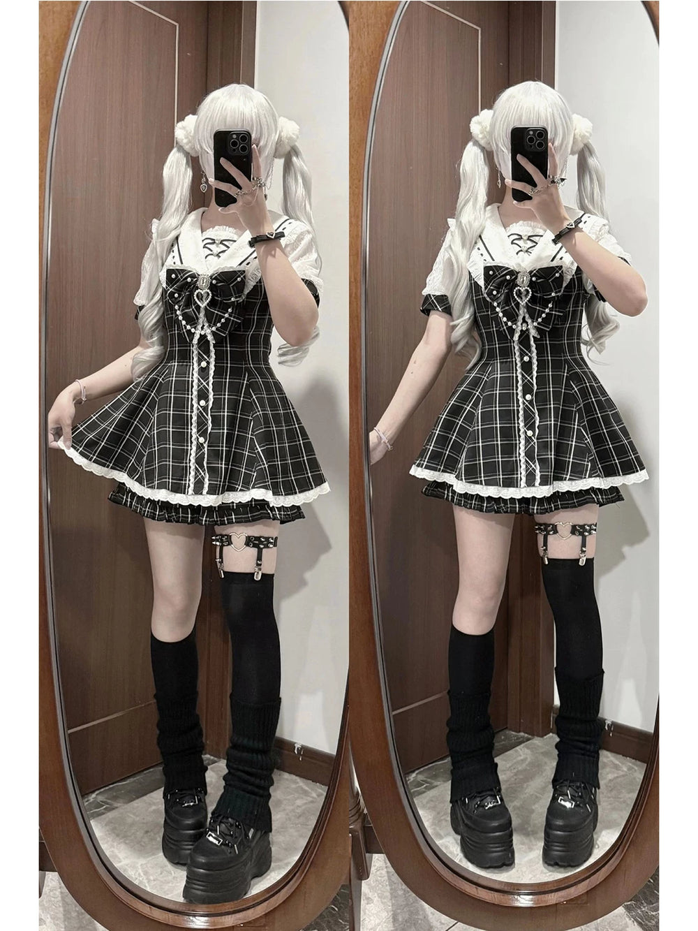 Black and white checkered Sweet Lolita short-sleeve dress with lace-trimmed sailor collar