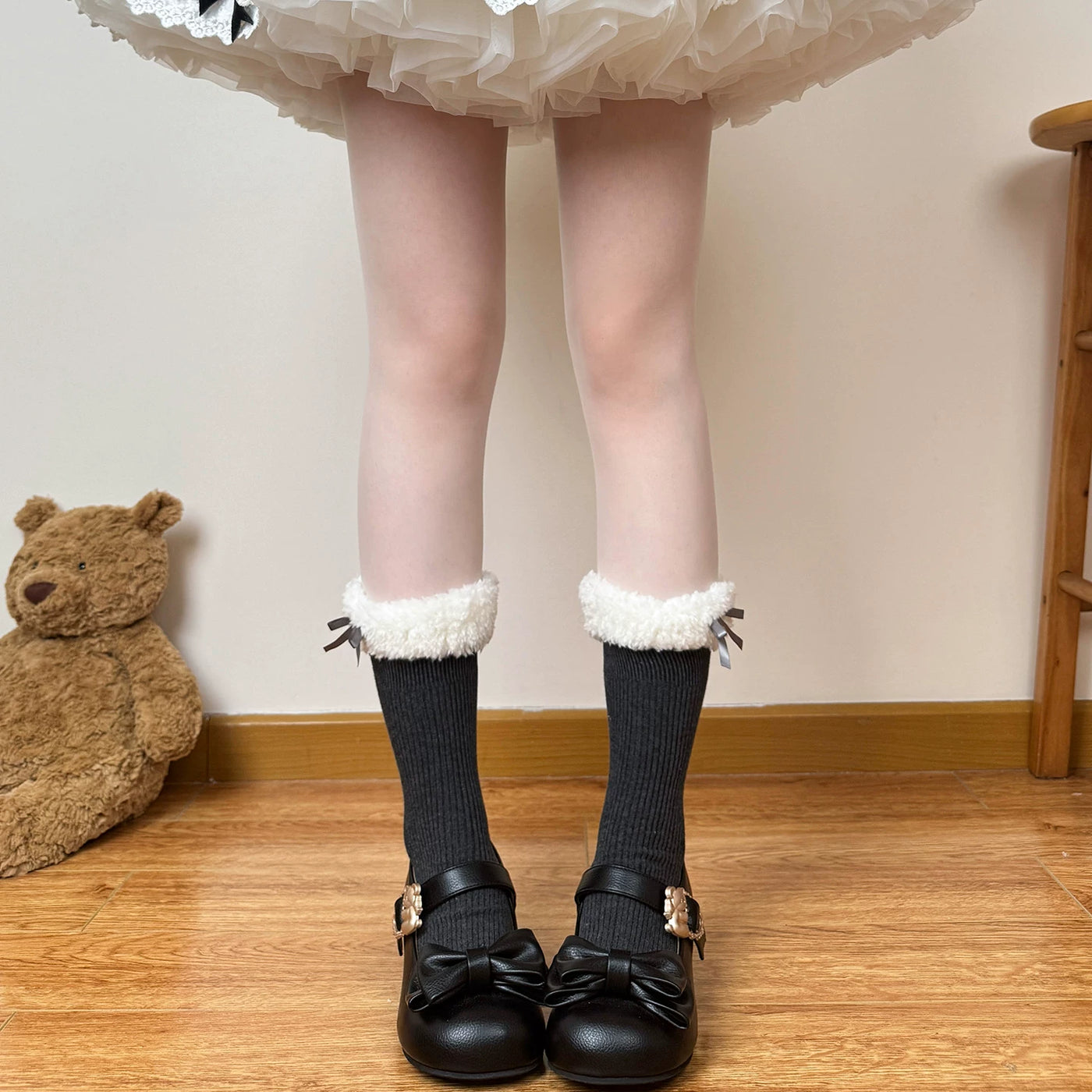 Chubby Bear Tales - Fleece Bow Layers - Fluffy Mid-Calf Socks with Ribbon Cuffs