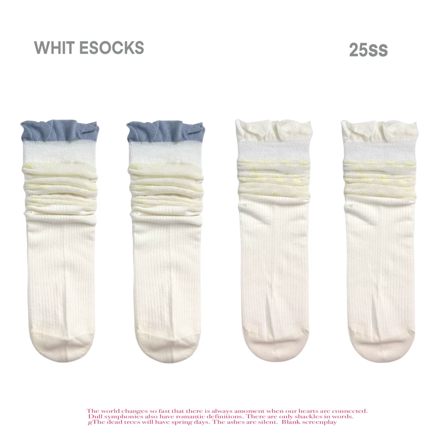 White Socks - Floral Openwork - Cotton-Yarn Mid-Calf Slouch Socks with Flower Motifs