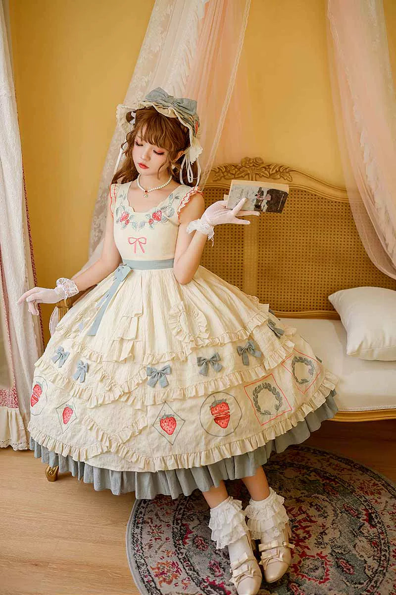 Baozi Pig - Strawberry Jam JSK - Natural-colour JSK with embroidered strawberry motifs