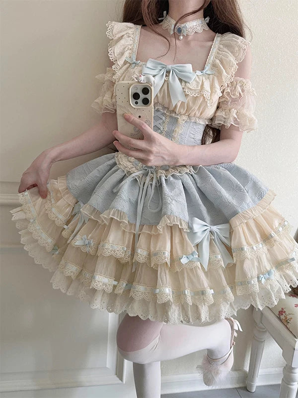 Creamy - Blue Ballet Cake - Blue Tiered JSK Dress with Cream Lace and Bow Accents