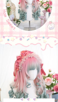 Dalao Home - Huan Xi - pink-green gradient long curly wig - Huan Xi pink-green gradient