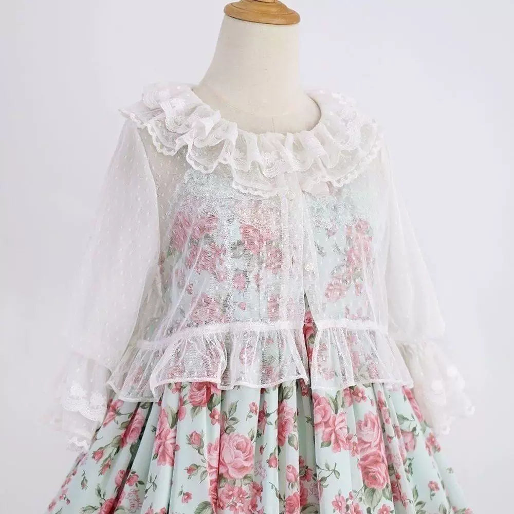 Sweetheart Dream Machine - Polka-Dot Mesh Ruffle - Mesh Cover-Up Cardigan with Lace Trim