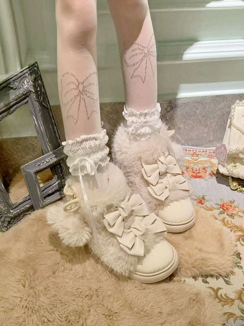 pinkyo Beige Bow Faux-Shearling Winter Ankle Boots — additional product view
