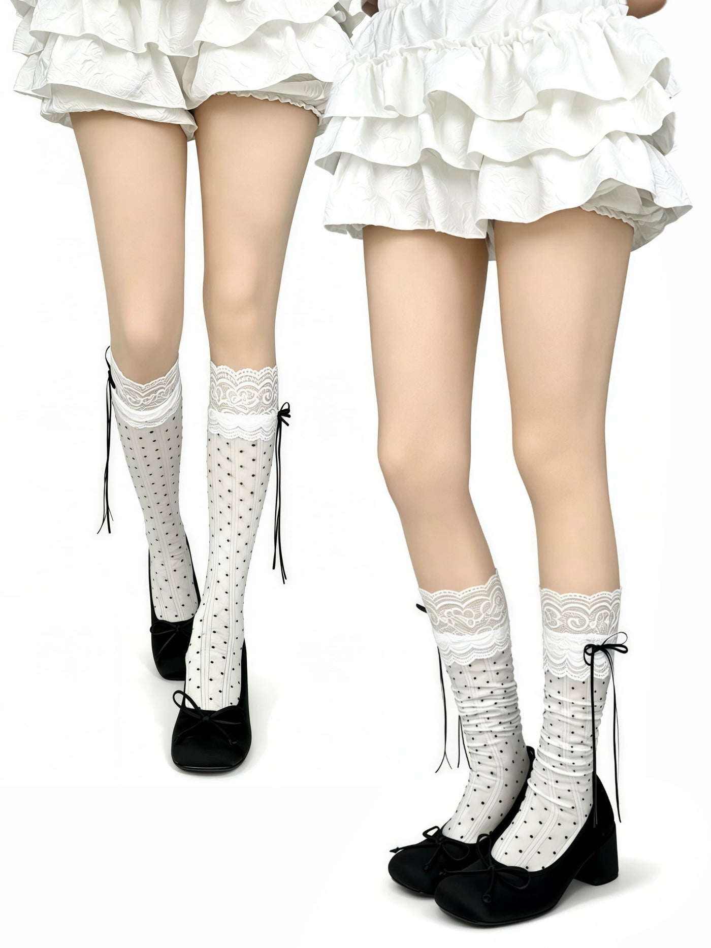 White Socks - Polka Dot Lace - Socks with black polka dots and lace cuffs