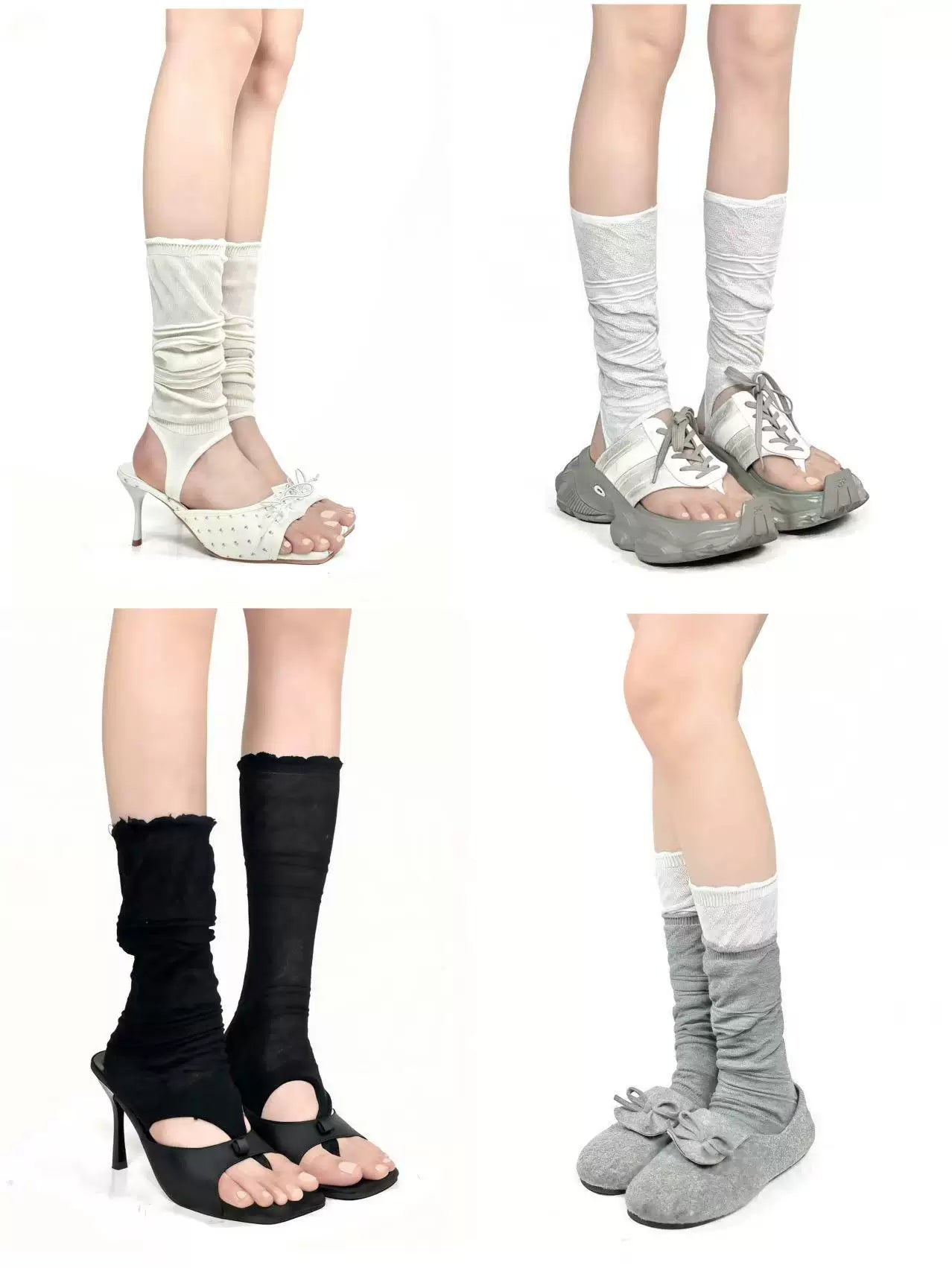 White Socks - Ruched Stirrup - Cotton Mid-Calf Leg Warmers with Stirrup Strap