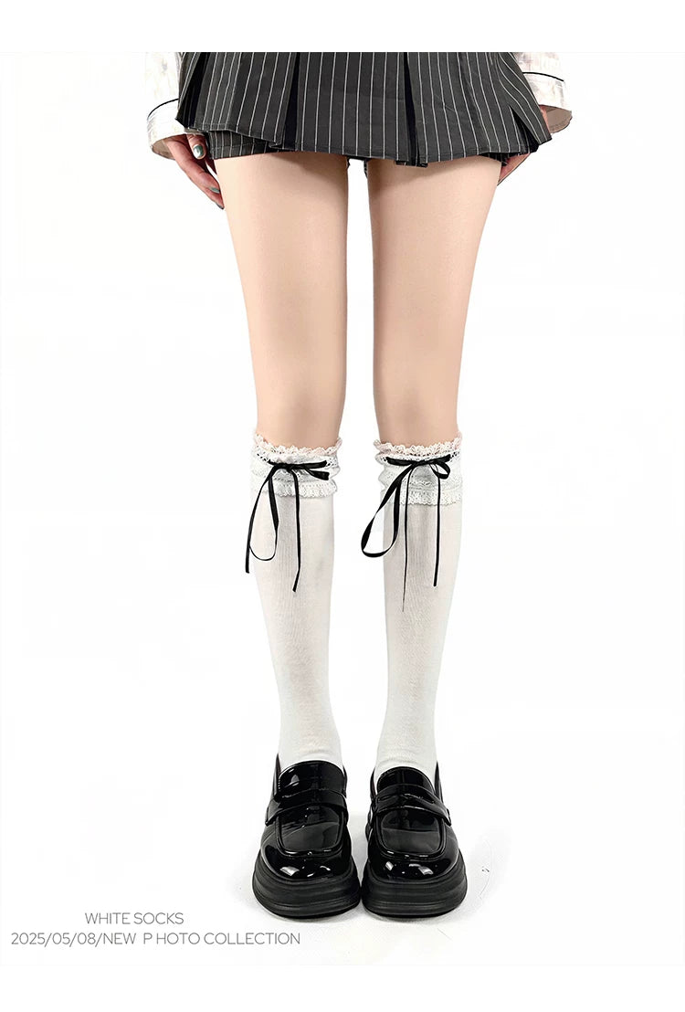 White Socks - Ribbon Ballet - Lace-Trim Slouch Socks with Ribbon Ties