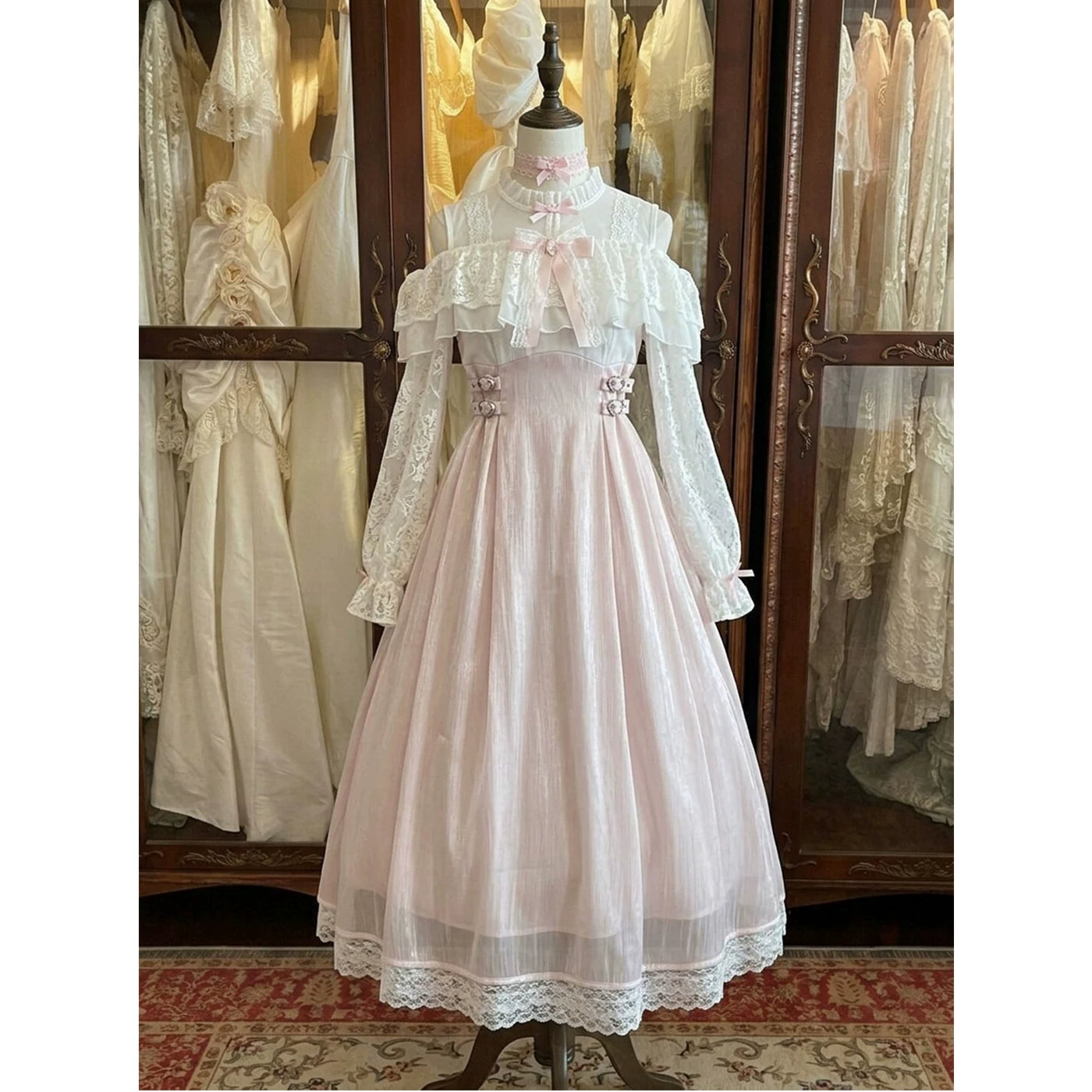 Creamy - Blush Lace - Long-Sleeve OP Dress with Off-Shoulder Lace Ruffles
