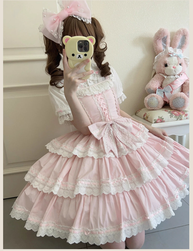 TaTaTa Lolita - Otome Heart - Cotton Old School Lolita JSK Dress Suit, Heart-Shaped Lace Trim