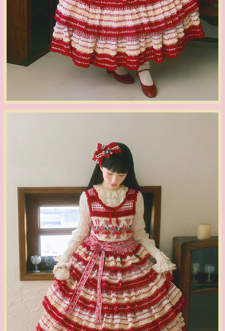 RichLolita - Sugared Cherry - Red Gingham JSK and Vest Dress Collection with Cherry Appliqués