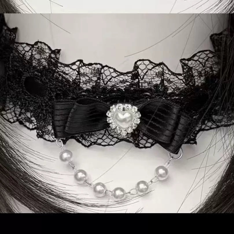 Creamy - Butterfly Pearl - Lace Choker Necklace with Bow Detail