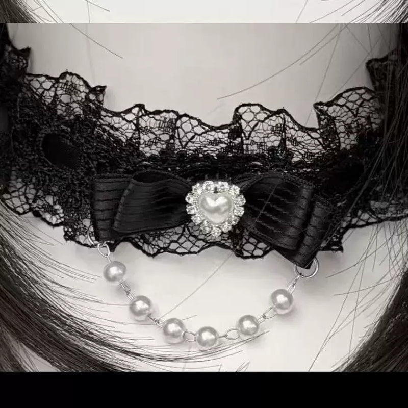 Creamy - Butterfly Pearl - Lace Choker Necklace with Bow Detail