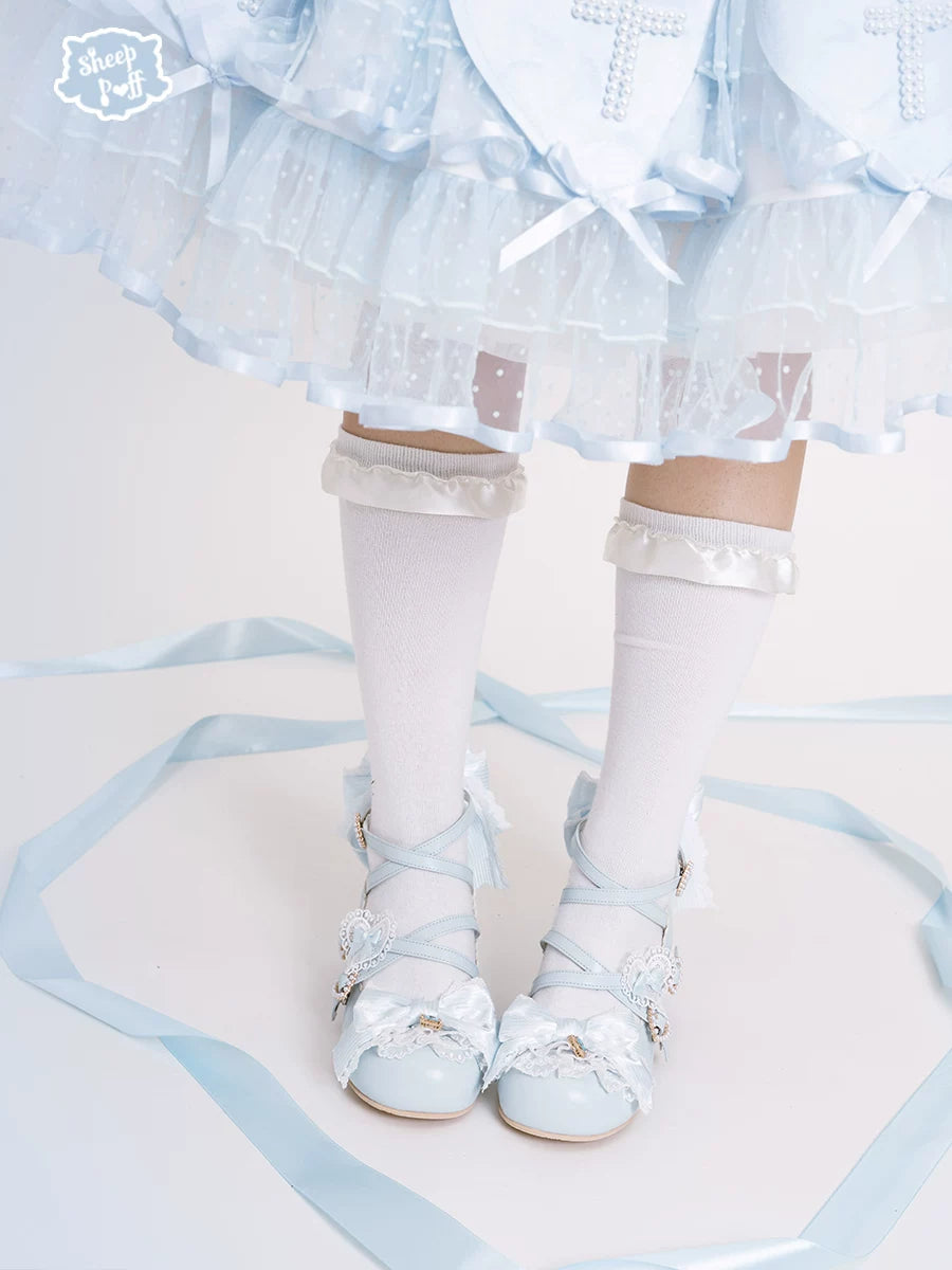 Sheep Puff Little Love Song mid heel Lolita shoes in pastel pink with bow accents and decorative sheep puff details.