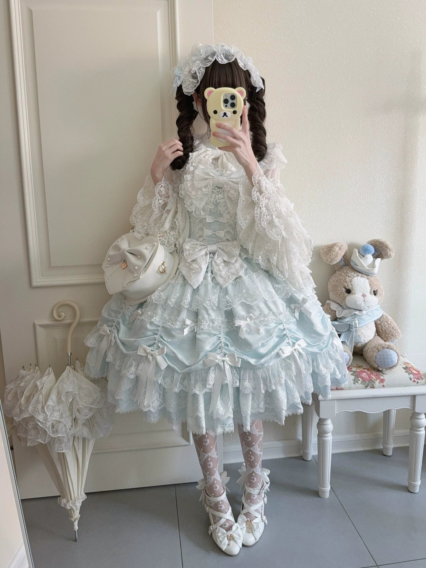 Satin Gift Box - Sweet Lolita JSK Dress, Bows and Layered Lace Blue JSK + Back Trailing Bow + Hairband S
