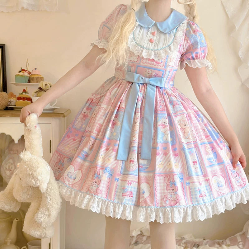 Lady Han Sweet Bunny Bear Lolita Fetch dress featuring a cute, pastel-colored OP with bunny and bear motifs, perfect for kawaii fashion.