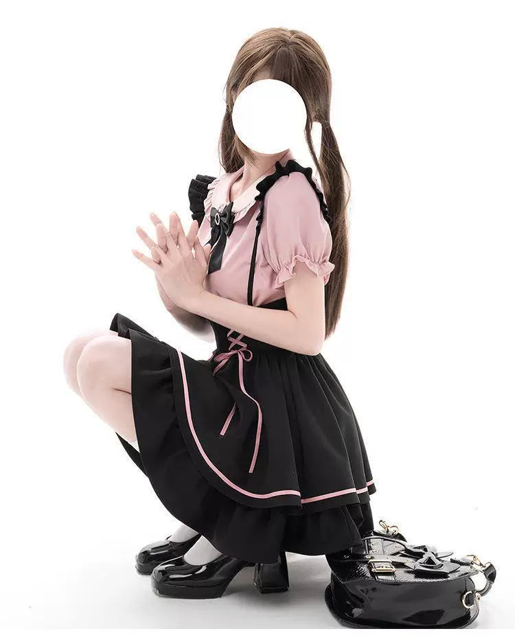 Sweetheart Dream Machine - Pink Ribbon Pinafore - Black Pinafore Dress Set with Pink Lace-Up Ribbons