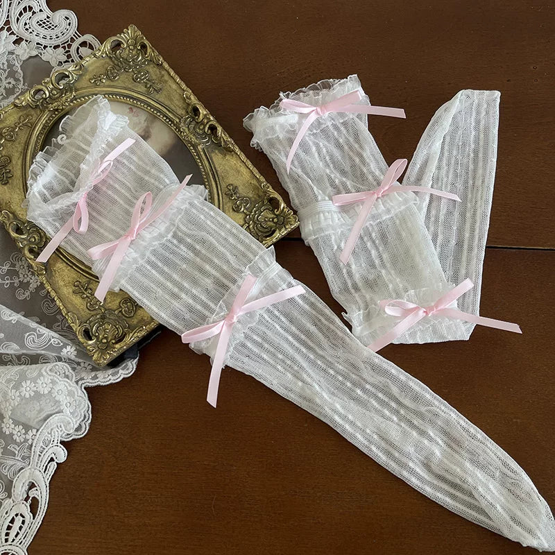 White-pink Y2K Lolita lace-up mid-calf socks with criss-cross ribbon lacing and lace trim
