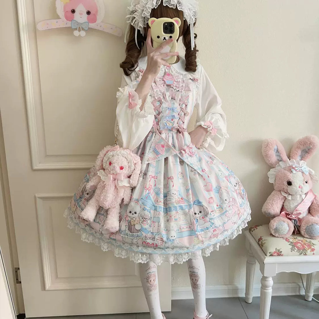 Lady Han Sweet Tea Party JSK dress by Lolita Fetch featuring a cute, sweet tea party print on a charming, colorful fabric.