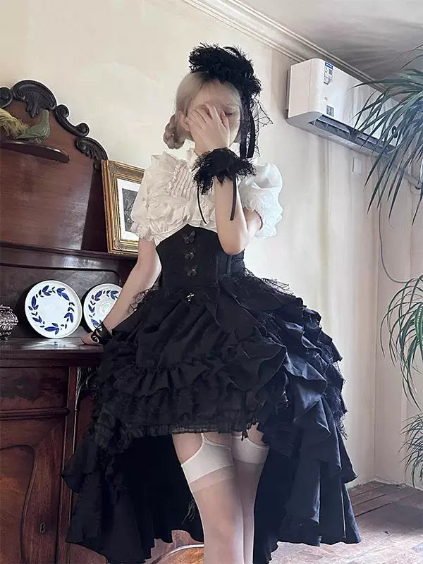 Creamy - Manor Gothic - Blouse and Suspender Skirt Set with a Ruffled White Blouse