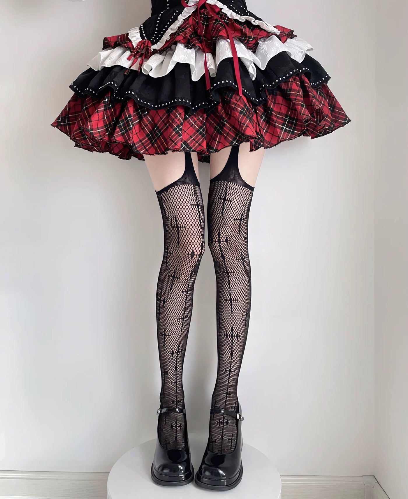 Fantasy Doll - Cross Web - Fishnet Garter Stockings with Cross Motifs