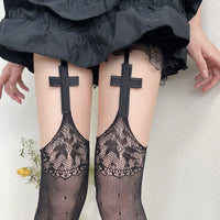 WAGUIR - Gothic Cross-Detail - Lace Suspender Tights - Black classic style / One Size