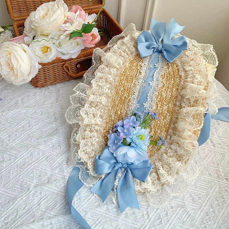 With PUJI - Floral Language - Country Lolita Lace Bow Flat Cap Straw Hat Blue
