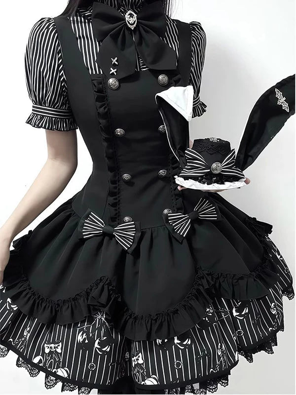 Creamy - Pinstripe Gothic - Striped JSK Set with Puff-Sleeve Inner Layer and Bow Tie
