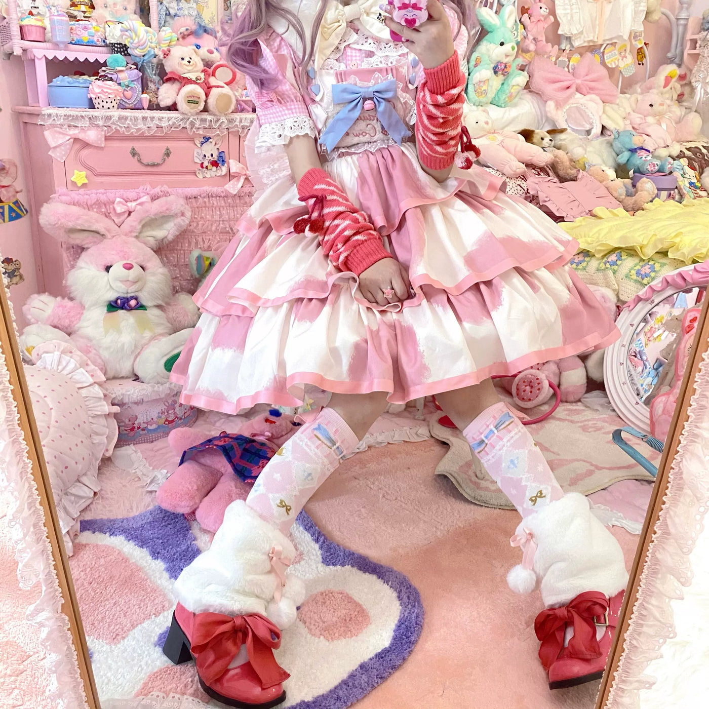 Tata Long Ear - Milk Cake Cow Print - Cow-Print JSK Dress with Three-Section Skirt