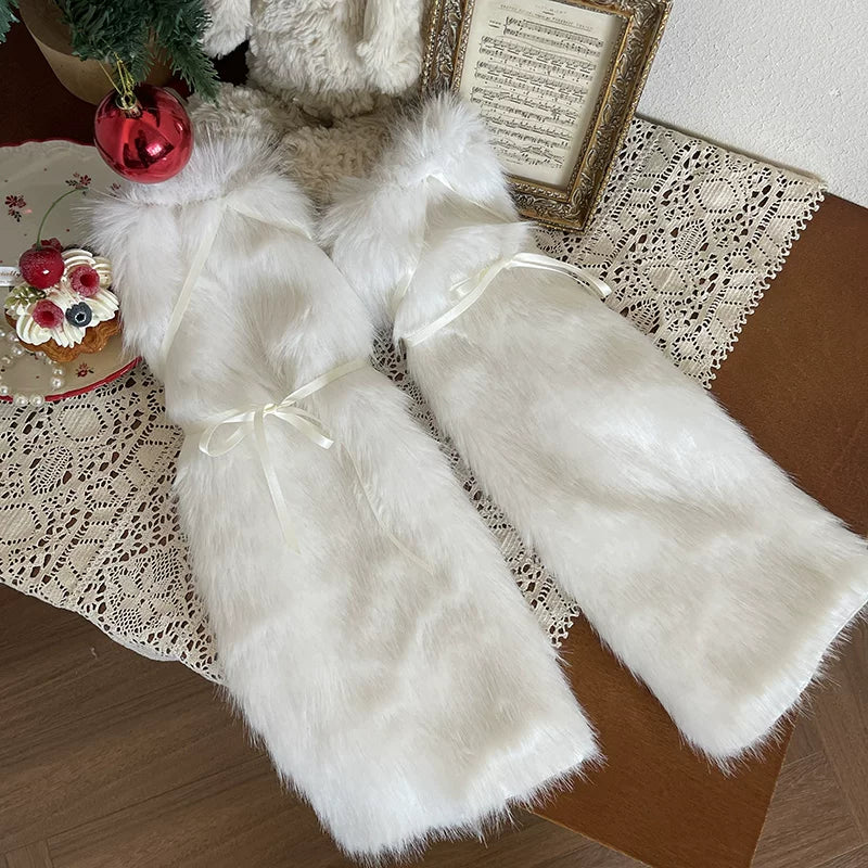 Sock Noble - Big-Eared Dog Layers - White sock covers and fine-striped pantyhose with optional fur trim