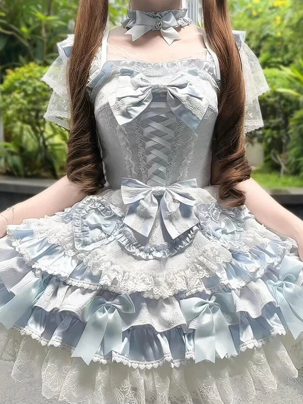 Pale blue sweet Lolita balletcore dress with sheer lace sleeves, corset front lacing, multi-tiered skirt with satin bows, matching underskirt and train