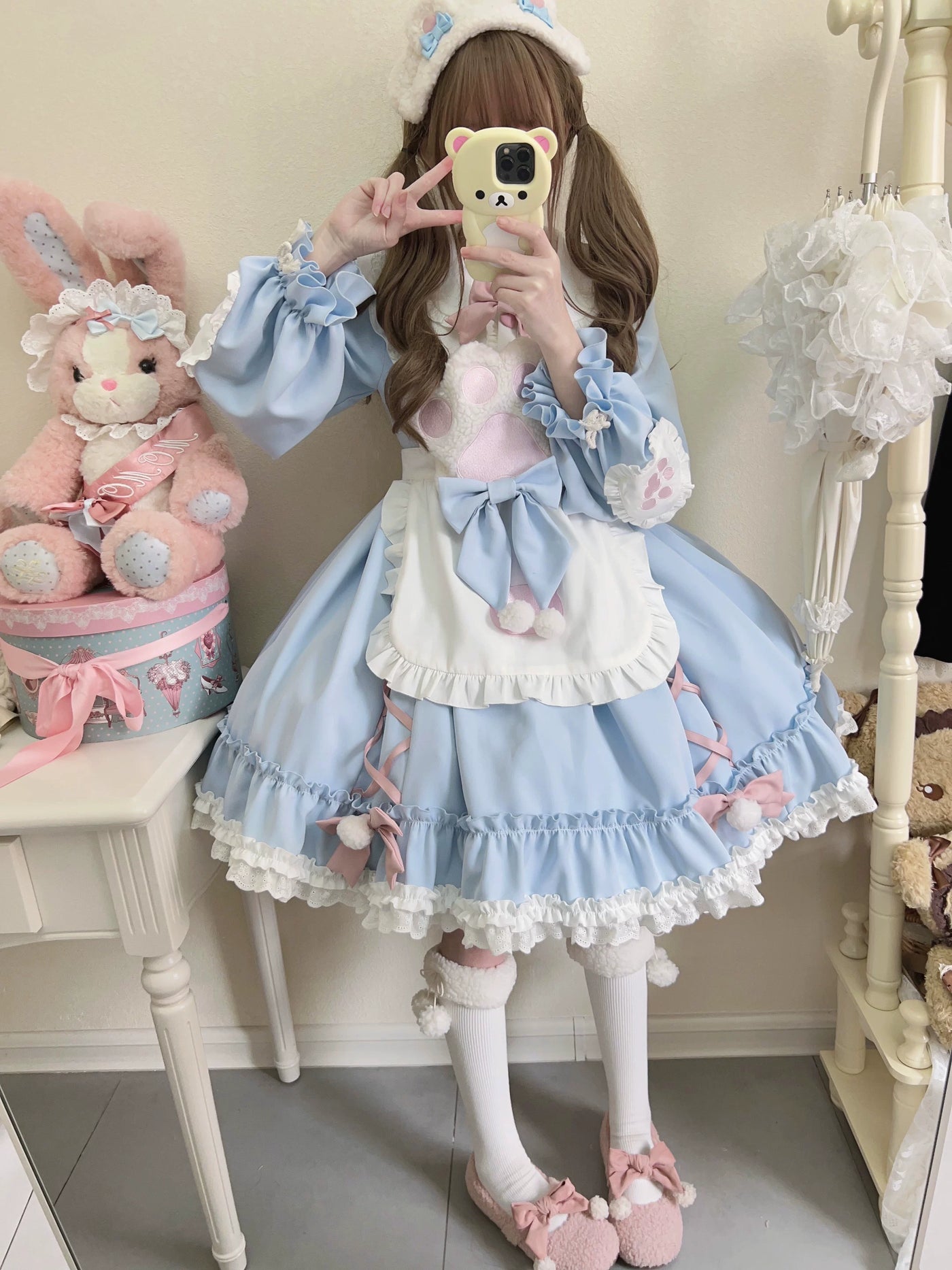 Tata Long Ear - Meow Meow - Blue OP Dress with a Ruffled Apron