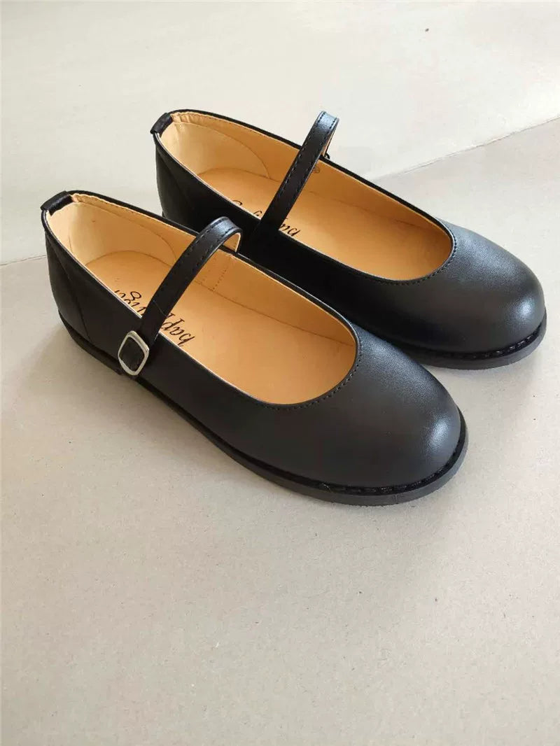 Meixie College Classic Black PU Mary Jane shoes, angled view