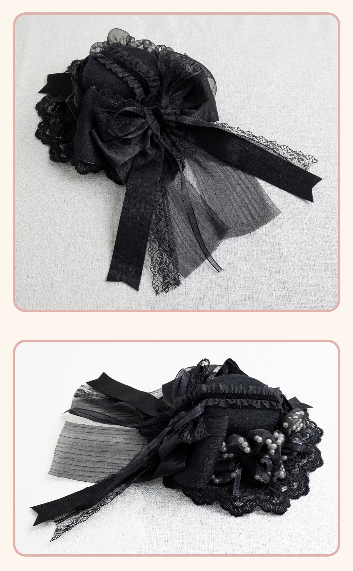 Stardust Rose - A035 Black Lace - Black Lace Headwear and Hand Sleeves with Ribbon Bows