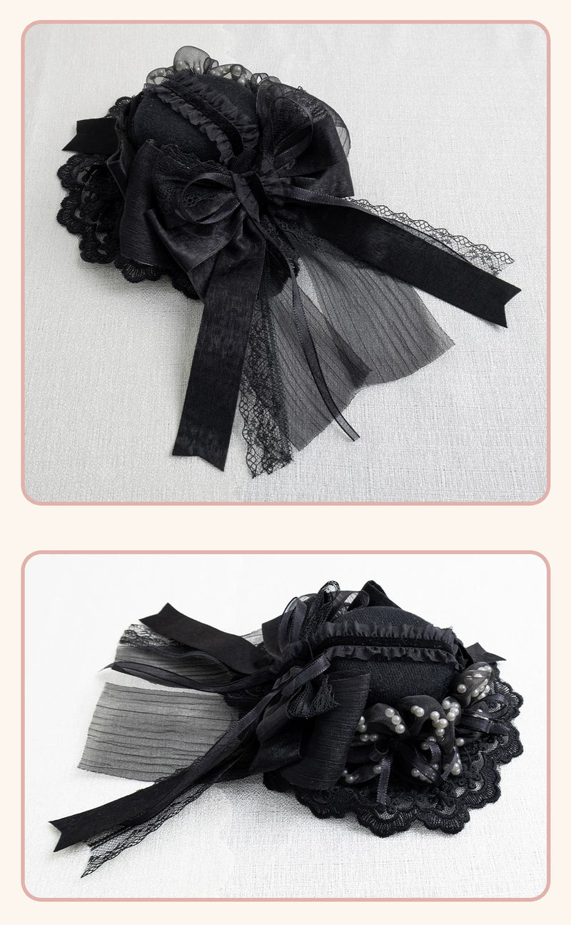 Stardust Rose - A035 Black Lace - Black Lace Headwear and Hand Sleeves with Ribbon Bows