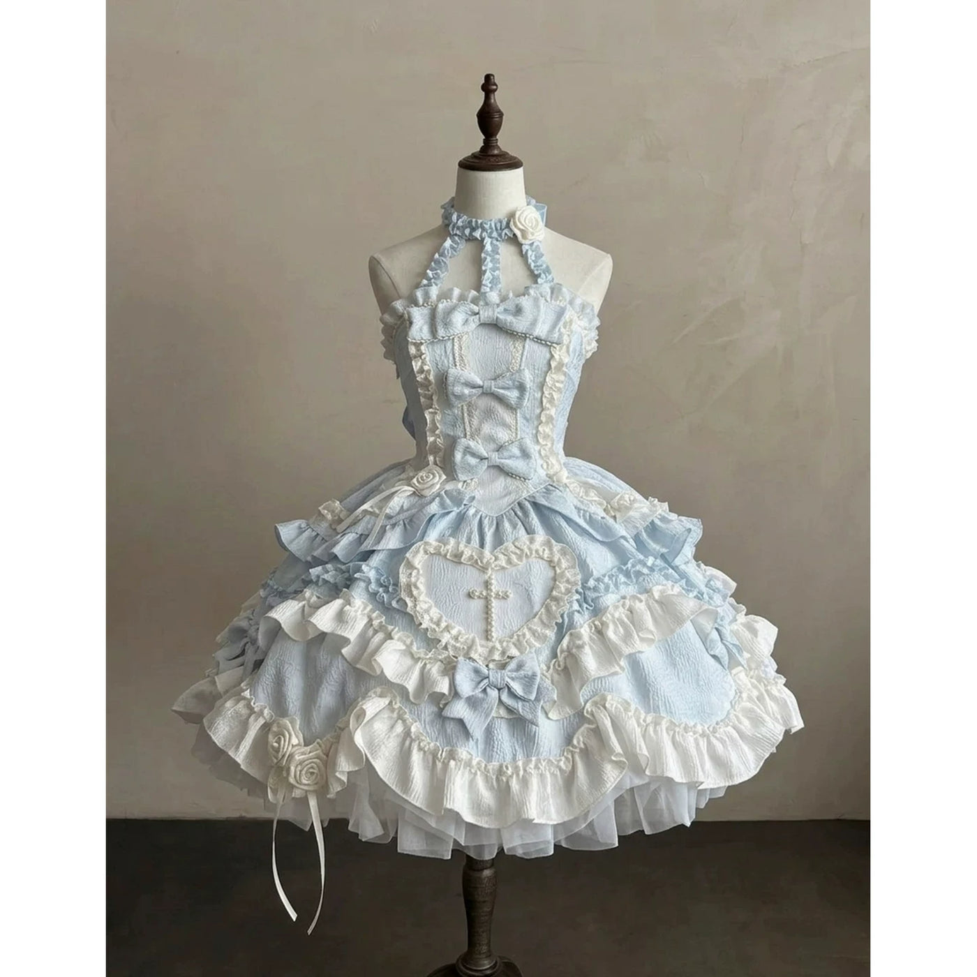 Creamy - Blue Heart Rose - Blue Lolita Halter Dress Set with Heart Panel and Train