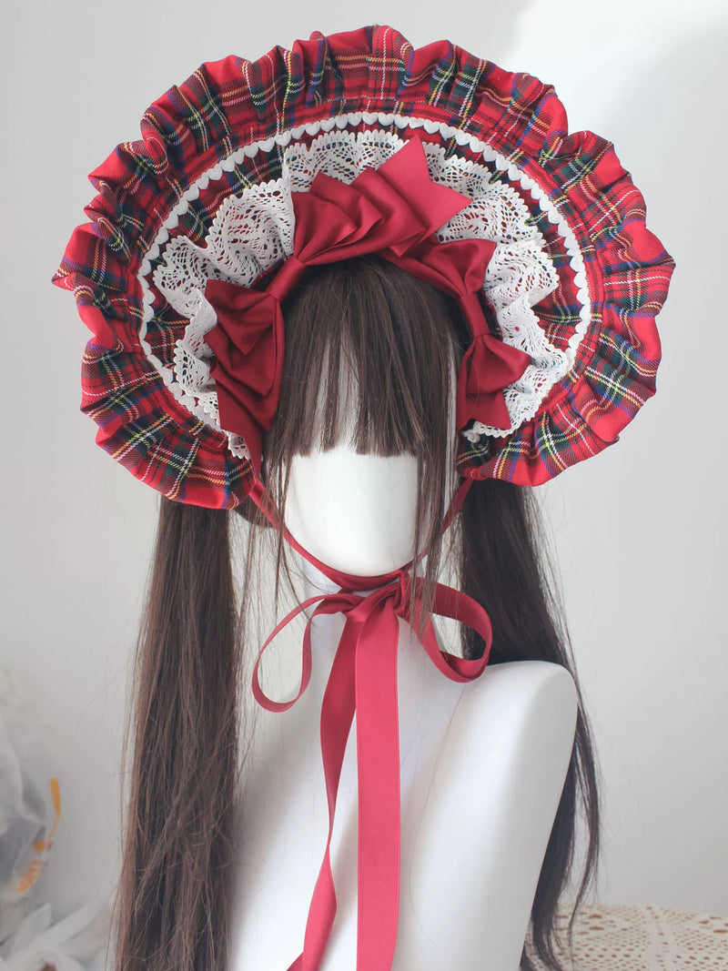Laura's Doll Red Plaid Lolita Bonnet & Headbow Options — additional product view