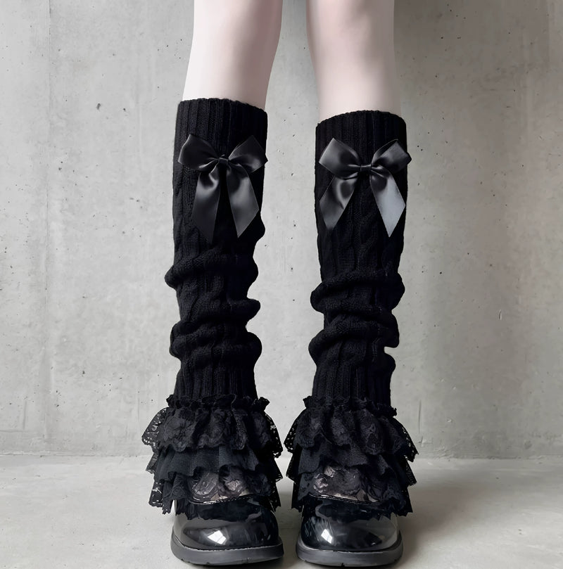 Fantasy Doll - Y2K Bow Knit - Leg Warmers with Bows and Lace Trim