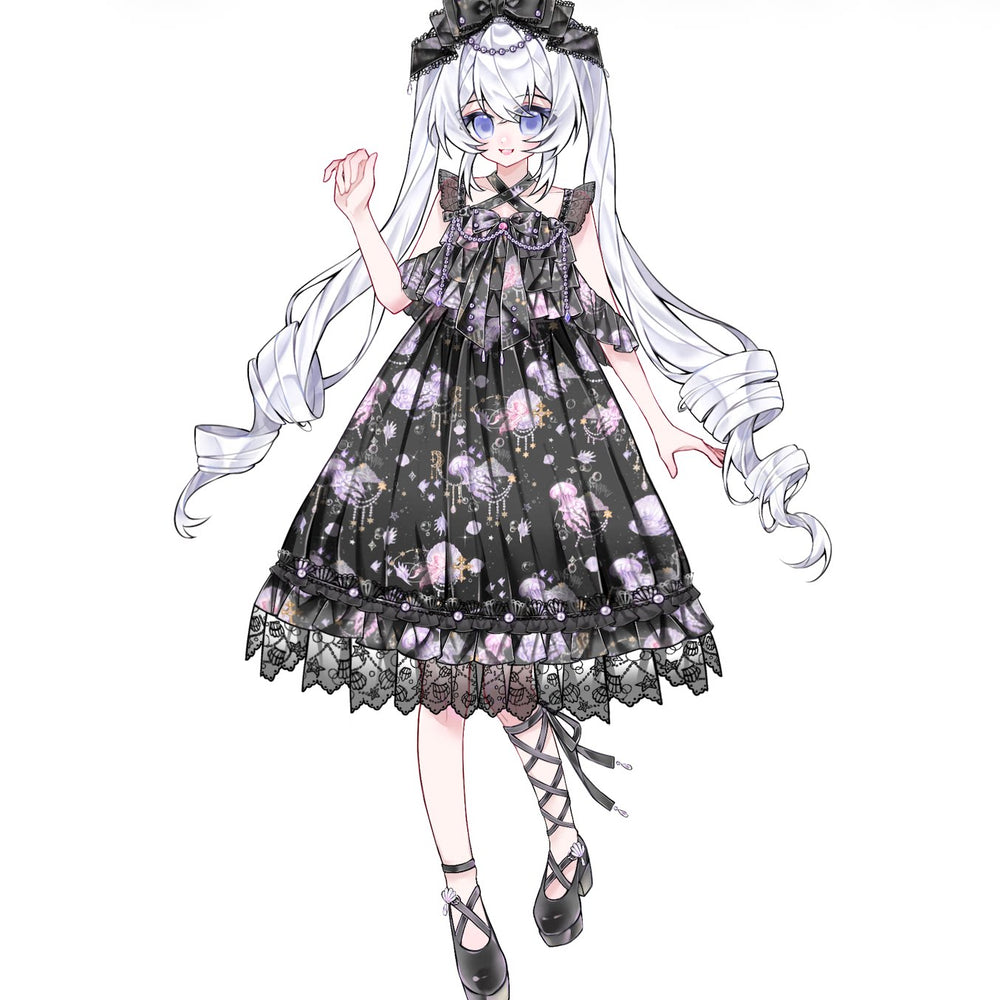 Full-body illustration of a white-haired character in a black dress with bows, lace, jellyfish and star motifs.
